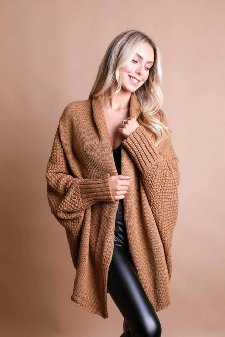 Camel Colored Bat Sleeve Knit Cardigan